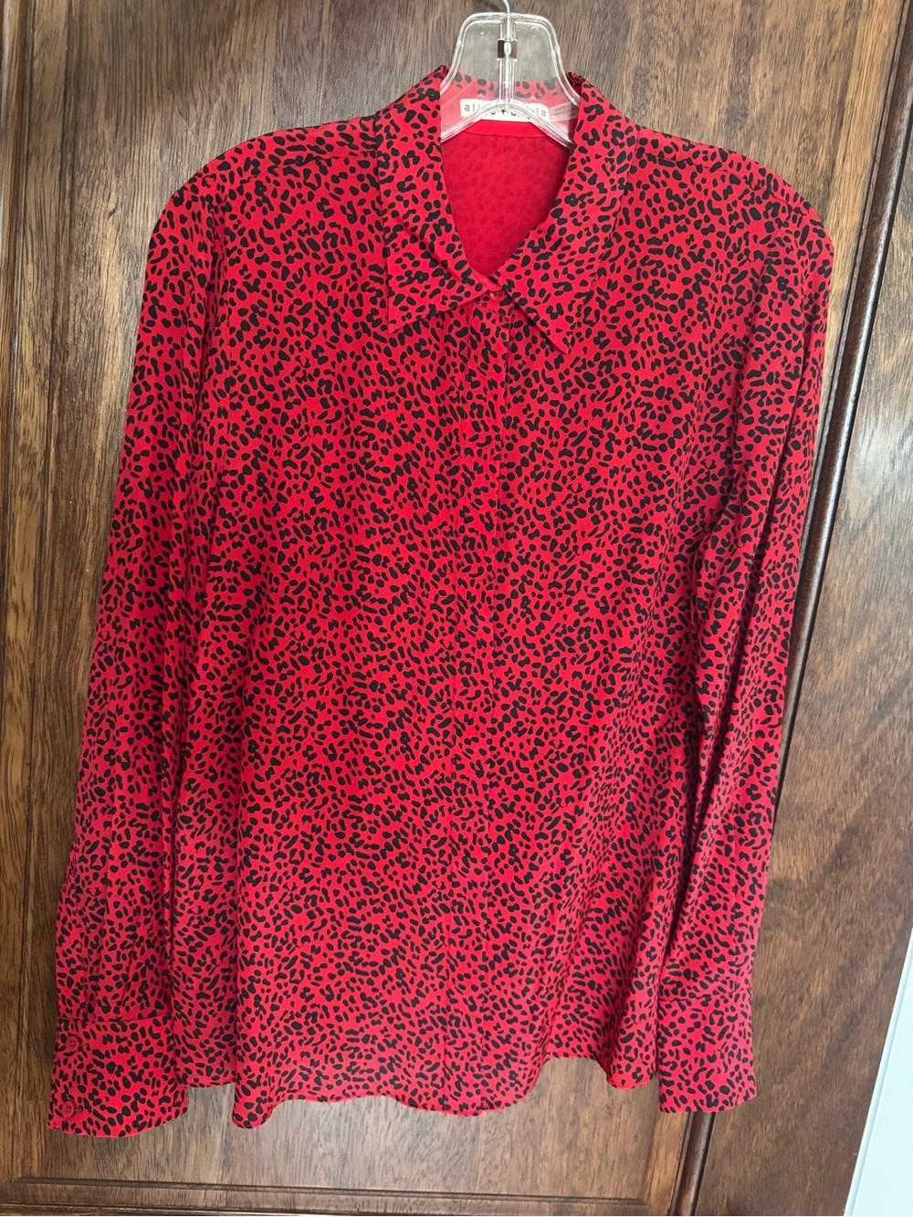 Alice + Olivia Red and Black Silk Leopard Print Button-Down Shirt